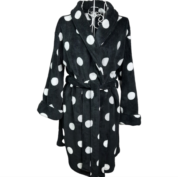 VS PINK Plush Fleece Black & White Polka Dot Wrap Robe SZ M/L - Picture 1 of 9